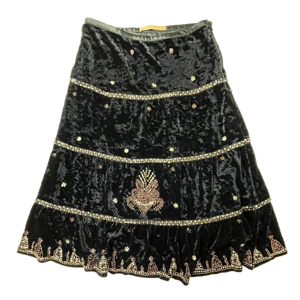 VTG Miss Me Cracked Velvet Skirt Small Beaded Embroidered‎ Gold Midi Whimsigoth